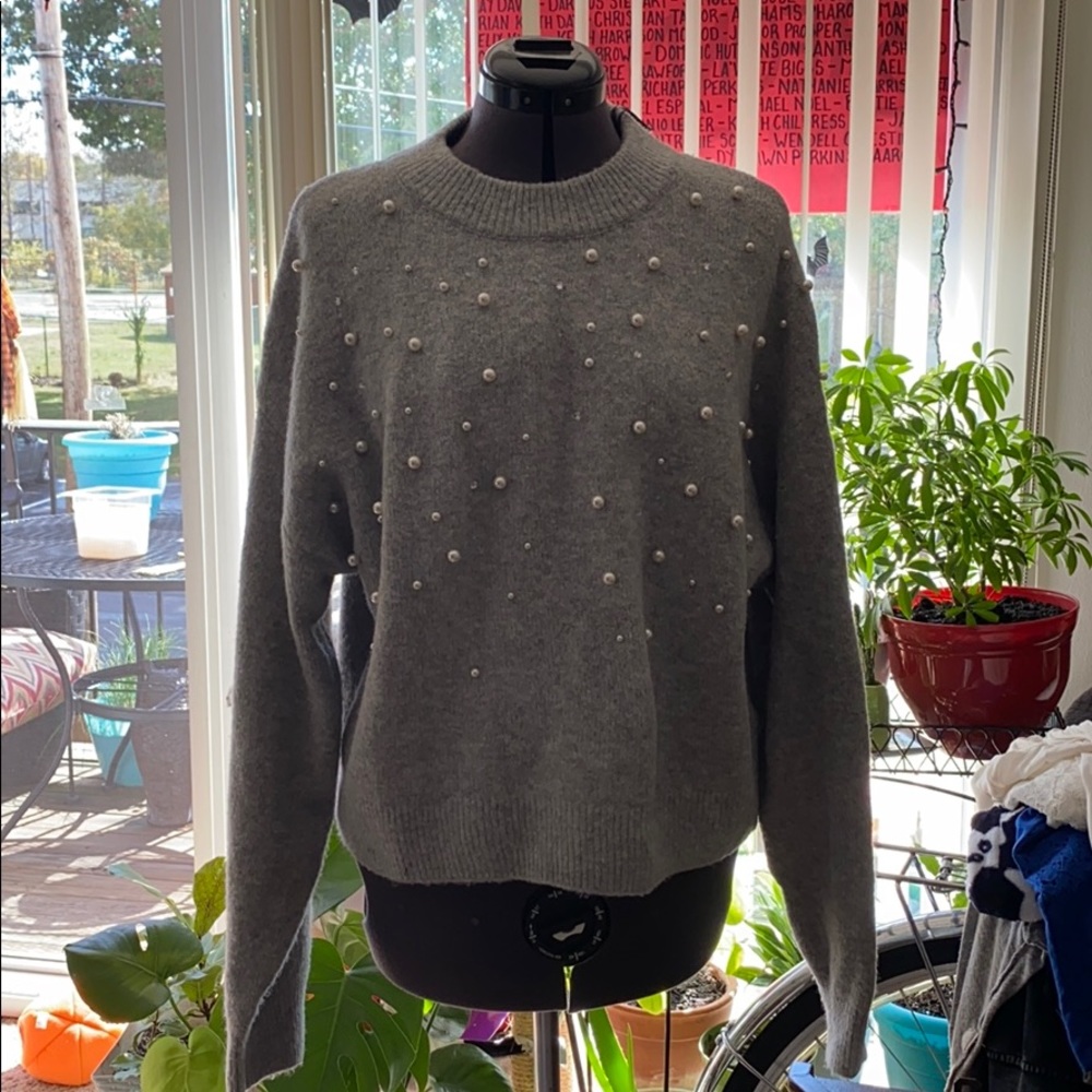 H&M light grey, pearl & gem sweater